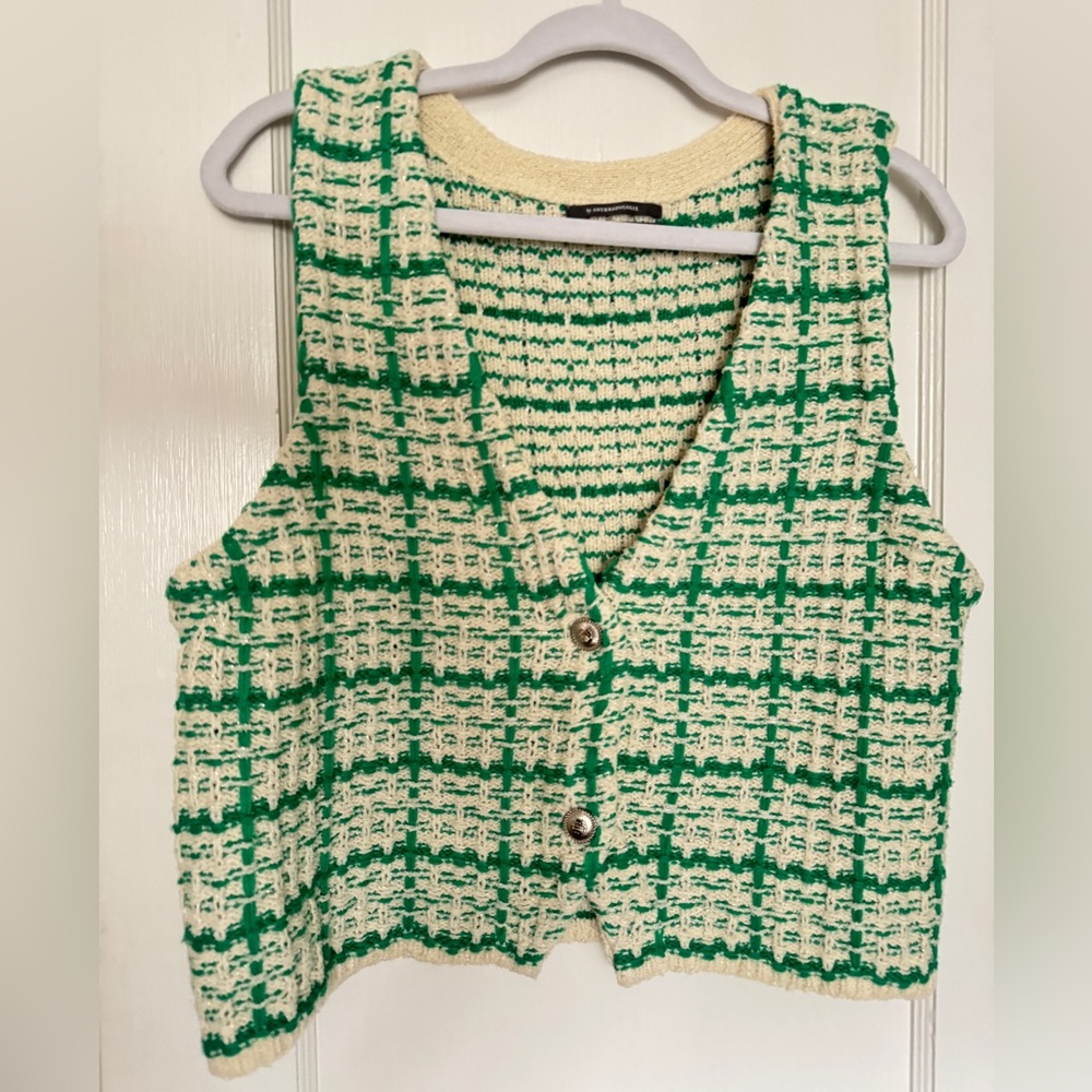 Women’s Green and Cream Women's Cardigan Vest - Picture 2 of 5